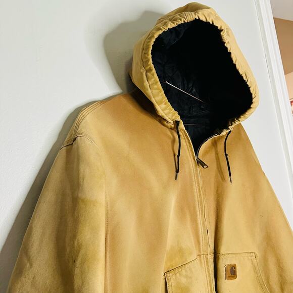 CARHARTT Brown Canvas Hooded Black Quilted Lining Bomber Work Jacket Size XL - Picture 6 of 11